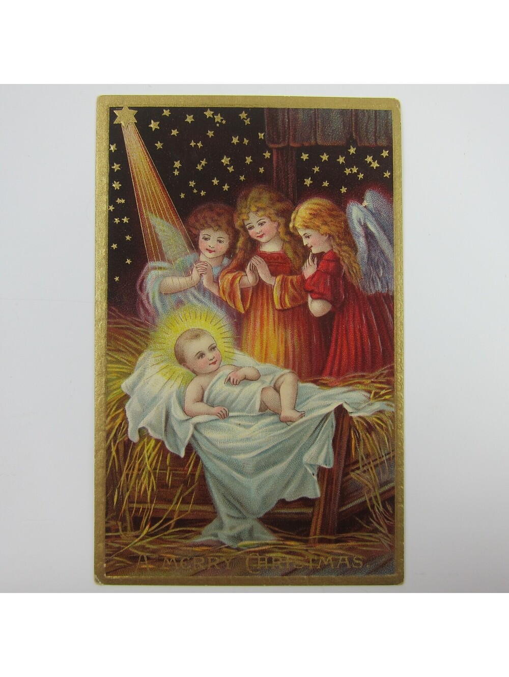 Christmas Postcard Baby Jesus Angels Nativity Gold Stars Embossed Antique 1909